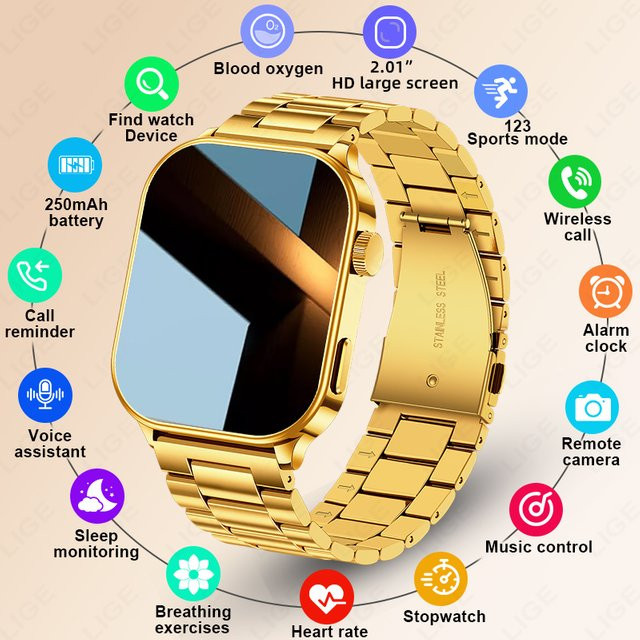 LIGE Smartwatch, Edelstahl, Schwarz, Gold, Unisex - Bild 1