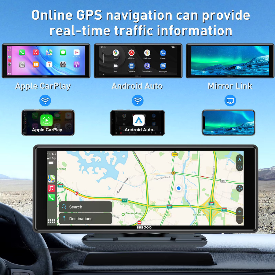 ESSGOO Tragbares universelles Autoradio mit 10,26 Zoll HD IPS Touchscreen, Apple CarPlay, Android Auto, GPS, WiFi und Bluetooth in Schwarz - Bild 3