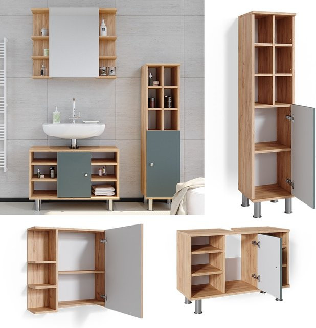 Vicco Badmöbelset Fynn in Grün/Goldkraft Eiche, 3-teilig mit Waschtischunterschrank 80 cm, Spiegelschrank und Midischrank mit großer Tür - Bild 1
