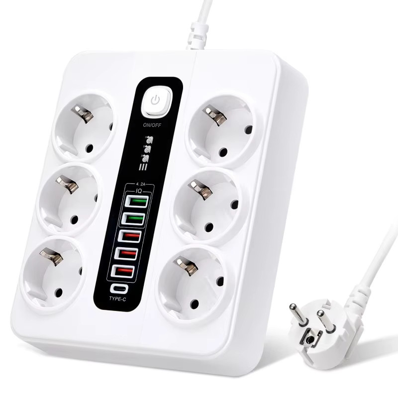 Fengyidz Steckdosenleiste mit Sicherheitsschalter und USB-Typ-C-Anschlüssen in Weiß, 2 m Kabel, 3000 W mit Überlastschutz - Bild 1