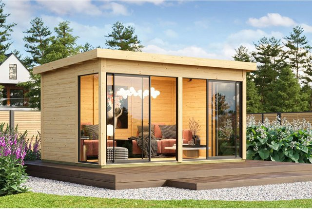 Karibu Holz-Gartenhaus Designhaus mit Pultdach, Unbehandelt, Braun, B: 433 cm, T: 308 cm, H: 253 cm - Bild 1