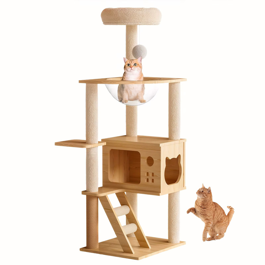 GUANGLIE Moderner Katzenturm aus Holz mit Acryl-Hängematte und Höhle in Beige und Gelb mit Sisal-Kratzbäumen und Sitzstange, Höhe: 124 cm - Bild 2
