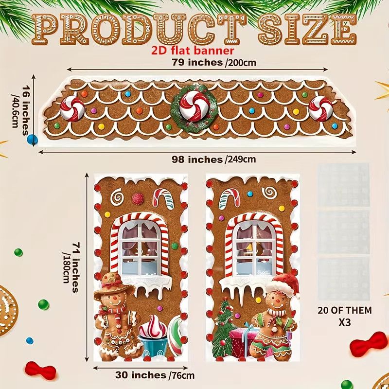 VIKAMA 3-teiliges Türbanner-Set aus Polyester mit süßem Lebkuchen-Design für Weihnachtsdekoration und Partyzubehör - Bild 3