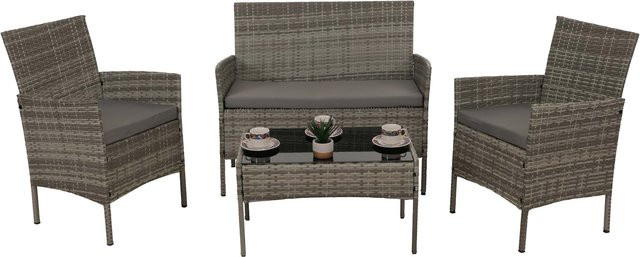 MCW Poly-Rattan Garten-Garnitur N98 Lounge-Set in Grau mit hellgrauen Kissen - Bild 1