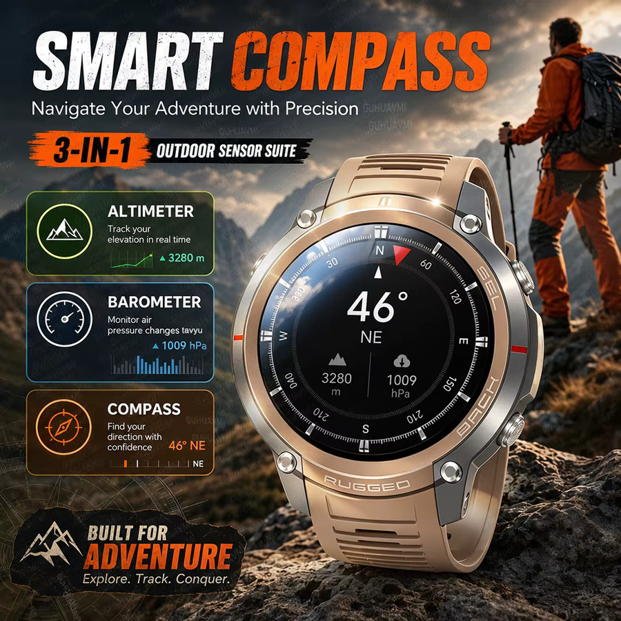 GUHUAVMI Militärische Outdoor GPS Smartwatch mit AMOLED HD Display, Bluetooth Anruf, Kompass und 5ATM Wasserdichtigkeit, Schwarz - Bild 3