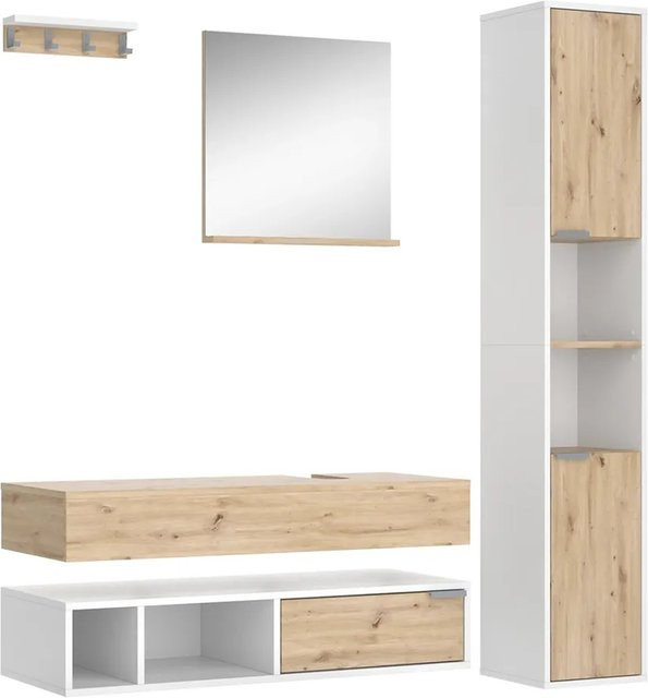 Vicco Badmöbel-Set Henri in Weiß mit dekorativen Fronten, 5-teilige moderne Badserie bestehend aus Badspiegel, Wandregal, Waschtischkonsole und Hochschrank - Bild 1