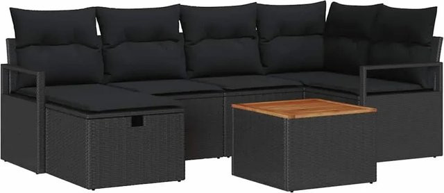 vidaXL Garten-Sofa-Set aus Poly-Rattan in Schwarz, 7-teiliges L-Shape Lounge-Set mit Kissen und Tisch - Bild 1