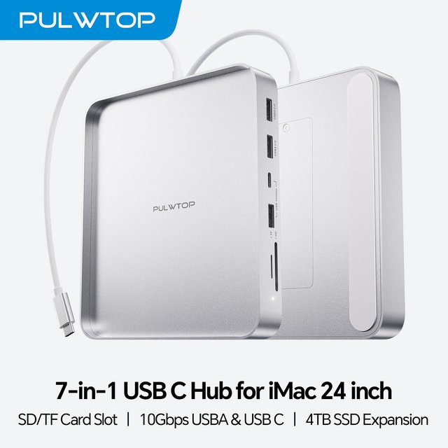 PULWTOP USB C Hub für iMac M1 M3 M4 in Silber mit USB-C 10 Gbit/s USB-A und SD/TF Slot sowie M.2 SSD Erweiterung - Bild 1