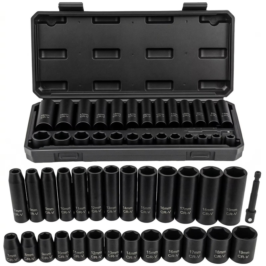 Schlagschraubersatz aus Chrom-Vanadium-Stahl in Schwarz mit 3/8-Zoll-Antrieb, Steckschlüsseln von 7mm bis 19mm und 1/4-Zoll-Adapter für Autoreparaturen - Bild 6