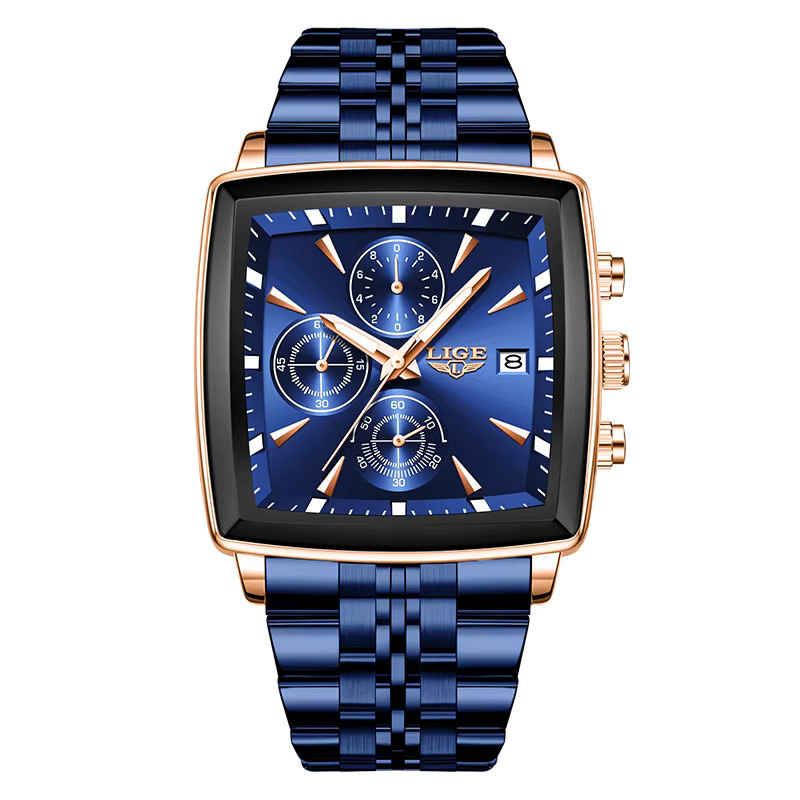 LIGE Armbanduhr Chronograph, Quarz, Edelstahl, Roségold, Blau, Herren - Bild 6