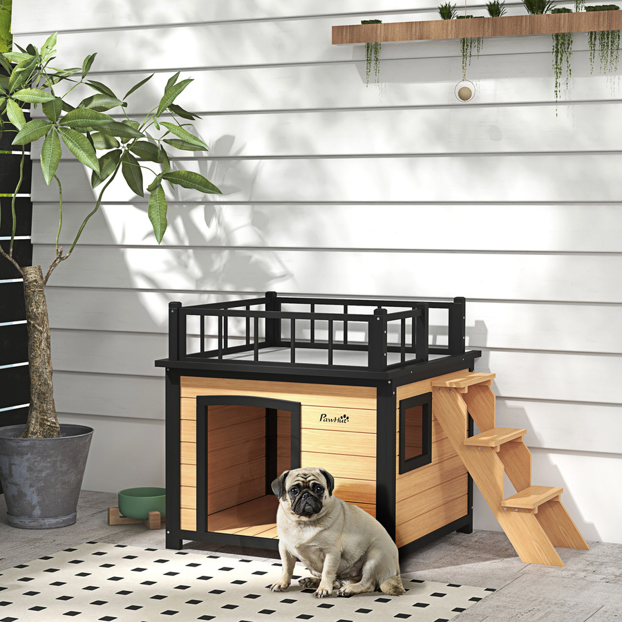 PawHut Hundehütte aus Tannenholz mit Balkon und Treppe, wetterfestes Hundehaus für kleine und mittlere Hunde, Gelb, B/T/H: 121 x 77 x 78 cm, Aosom - Bild 2