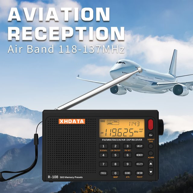 XHDATA R-108 Tragbares Multiband-Radio AM FM SW LW Airband DSP Empfänger mit Akku und Wecker in Schwarz - Bild 1