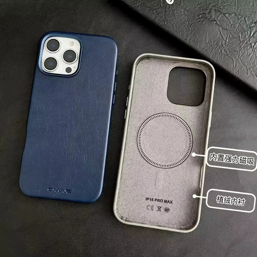 Luxus Business Leder Schutzhülle mit MagSafe Magnetfunktion für iPhone 17 16 15 14 Pro Max in Grau mit stoßfestem Metall-Objektivrahmen - Bild 3