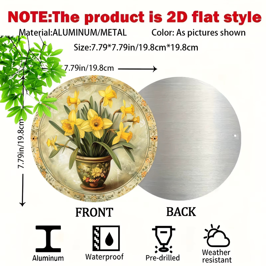 Potdemiel Vintage Narzisse Metallwandkunst rund, dekoratives Aluminiumschild mit floralem Design, Durchmesser: 20,3 cm - Bild 2