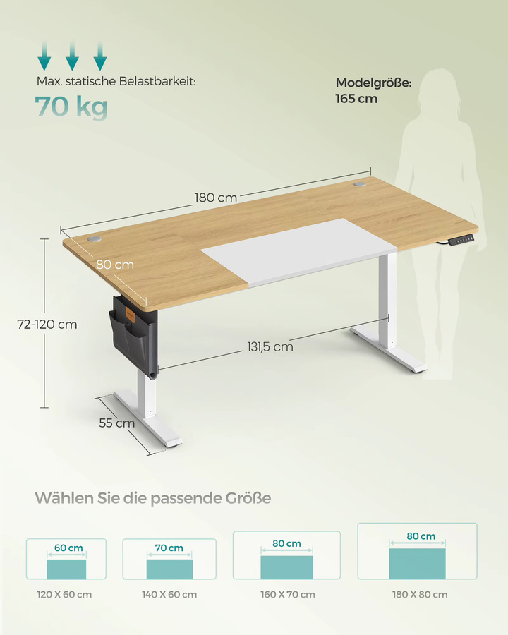 SONGMICS Höhenverstellbarer Stehtisch mit elektrischem Motor, Farbe Braun, B/T: 180 x 80 cm - Bild 2