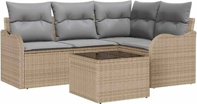 vidaXL Garten-Sofa-Set aus Poly Rattan in Schwarz mit Kissen und Tisch, 5-teilige L-Form Lounge-Garnitur mit wetterfesten Polstern und pulverbeschichtetem Stahlgestell - Bild 1