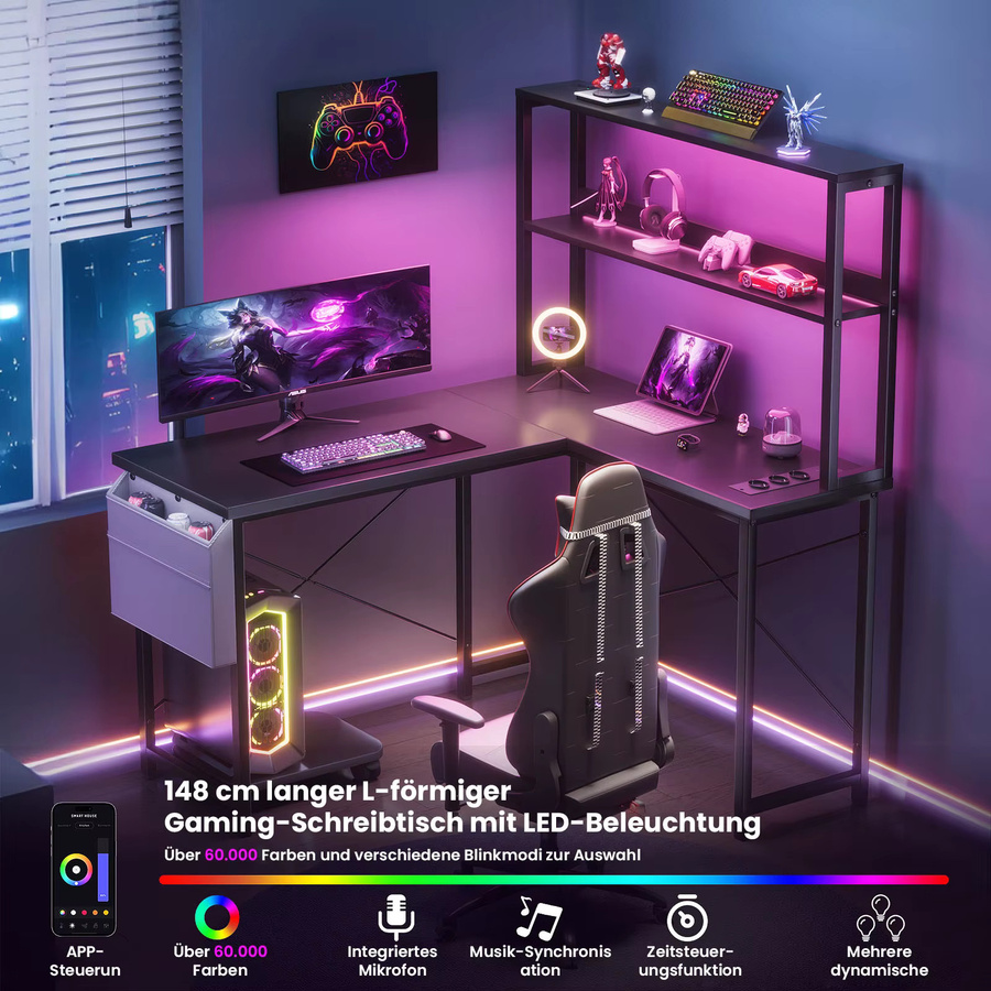 ThomP L-förmiger Gaming Schreibtisch in Schwarz mit RGB LED Beleuchtung, Regal und integrierter Steckdose, Breite: 148 cm - Bild 3