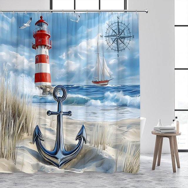 Dai Jiaochuan Duschvorhang Blue Ocean mit Leuchtturm und Meereswellen in Aquarellkunst, Blau, B: 90 cm, H: 180 cm - Bild 1