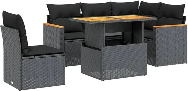 vidaXL 6-teilige Garten-Sofagarnitur in L-Form aus Polyrattan mit Kissen und Couchtisch, Schwarz - Bild 1