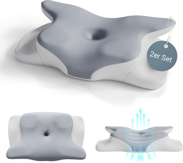 Juskys Nackenkissen 2er Set aus Memory-Schaum, ergonomisch und atmungsaktiv, Weiß/Grau - Bild 1