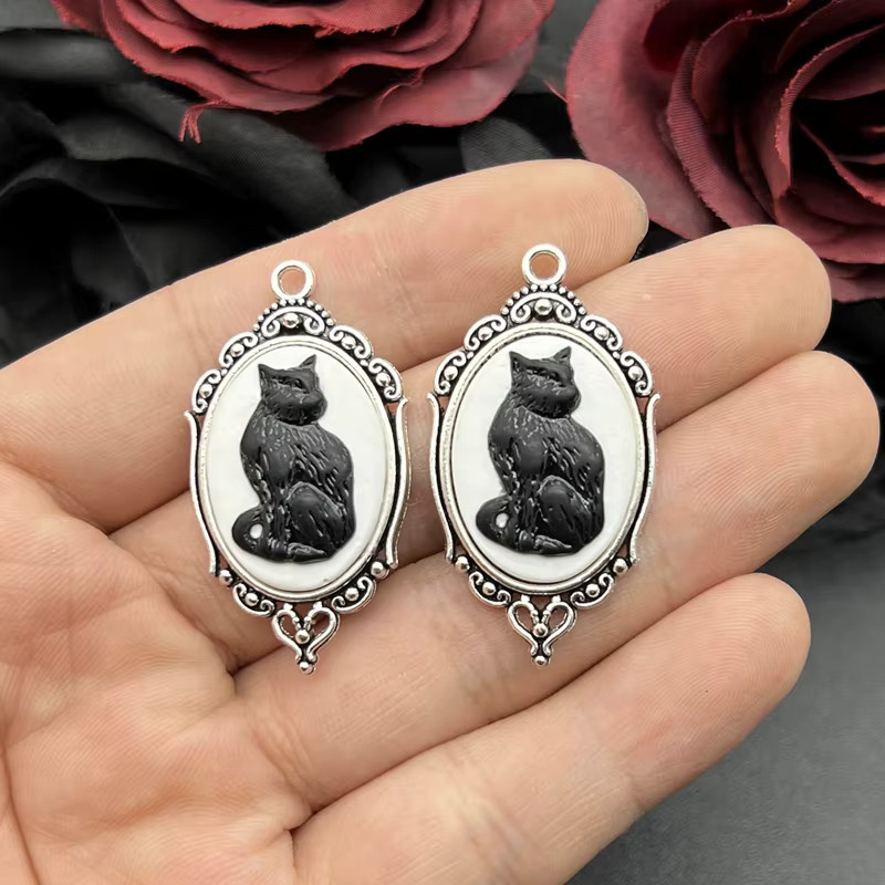 ZBOZWEI Anhänger, Schwarze Katze Cameo, Vintage, Silber, Unisex, 42*24mm - Bild 2