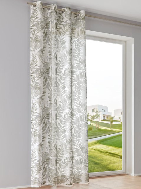 Heine Home Dekostore mit floralem Blätter-Muster in Weiß und Grau, semi-transparent, Stoffpanel aus Viskose und Polyester - Bild 1
