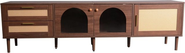okwish TV Schrank in Braun mit Rattan Schubladen, Glastüren und integrierter LED-Beleuchtung, B/T/H: 180 x 40 x 50 cm - Bild 1