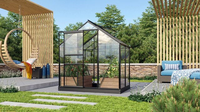Vitavia Gewächshaus Venus 2500 in Schwarz mit 2,5 m² Fläche, Aluminiumrahmen, ESG-Glas, Schiebetür und Dachfenster - Bild 1