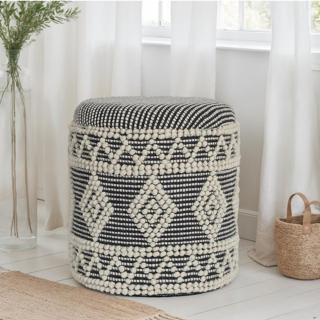 Sitzhocker FineBuy Polsterhocker aus Wolle in Grau, runder Boho Hocker mit Rautenstruktur, Durchmesser: 40 cm, Höhe: 45 cm - Bild 1