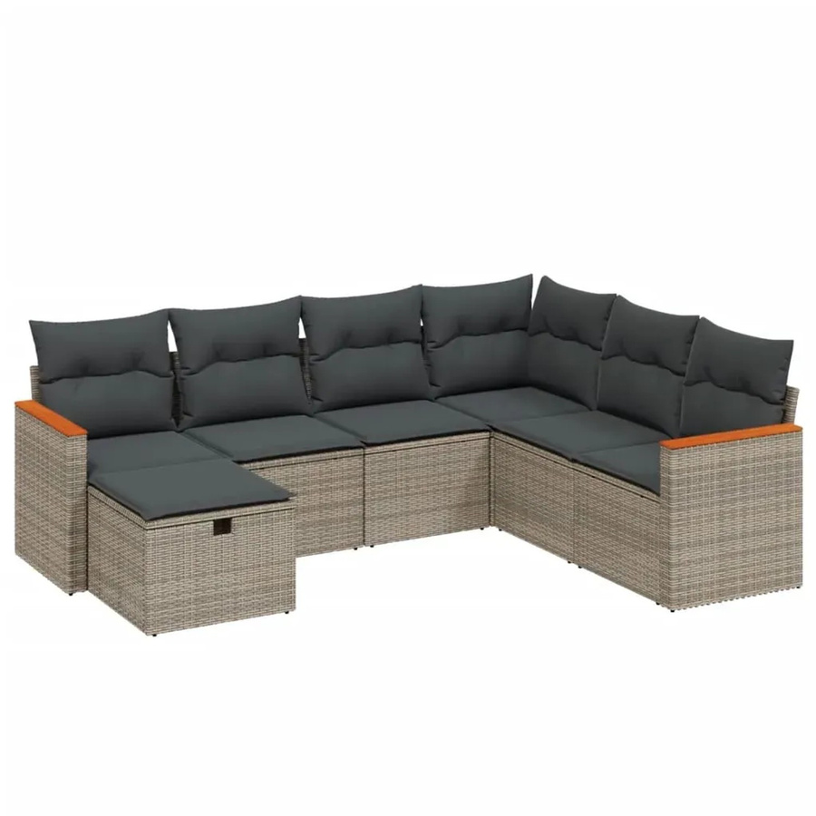vidaXL 7-tlg Garten-Sofagarnitur aus Poly Rattan in Grau mit Kissen und Ottomane - Bild 2