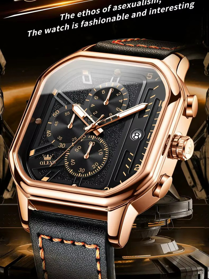 OLEVS Chronograph, Armbanduhr, Leder, Roségold, Schwarz, Herren - Bild 7