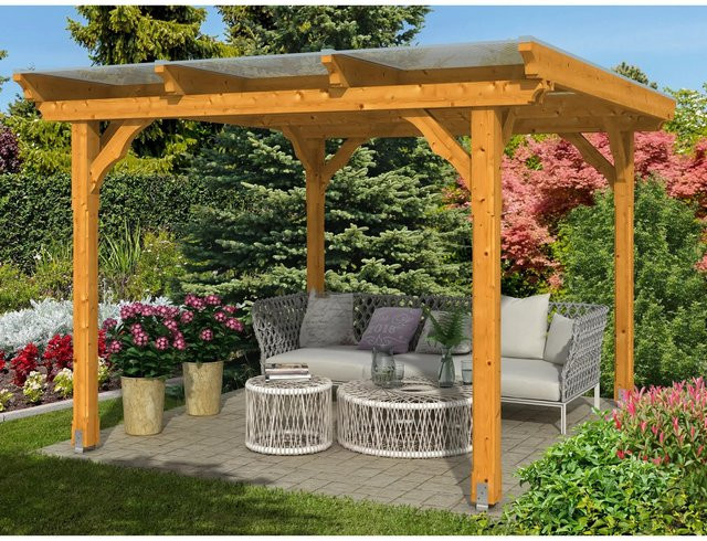 Skan Holz Pavillon Marseille Flachdach aus Holz in Eiche hell mit Polycarbonat-Dach B/H/T: 327 x 236 x 350 cm - Bild 1