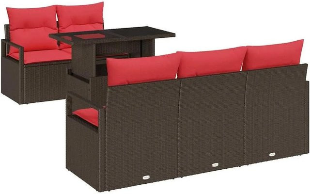 vidaXL Gartensofa-Set aus Poly-Rattan in L-Form mit 6-teiligem Zubehör, Couchtisch und integriertem Kissen-Speicher, Farben: Braun und Rot - Bild 1