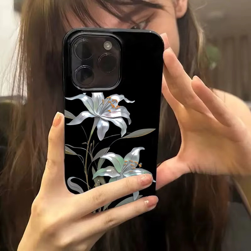 Stoßfeste iPhone Handyhülle mit Ölgemälde Lilie Blumenmuster in Schwarz - Bild 3