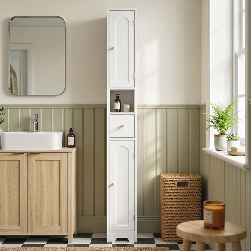 HOMCOM Badezimmerschrank als schmaler Hochschrank in Weiß mit Schublade, gewölbten Türen und offenem Fach, B/T/H: 20 x 20 x 185 cm - Bild 2