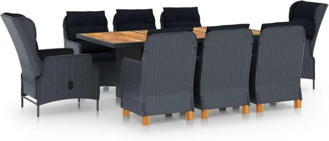 vidaXL 9-tlg Garten-Essgruppe aus Poly Rattan und Akazienholz in Dunkelgrau mit Auflagen - Bild 1