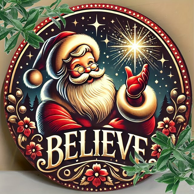 Potdemiel Rundes Weihnachtskranzschild Santa Believes aus Aluminium in Mehrfarbig, Durchmesser: 20 cm - Bild 1
