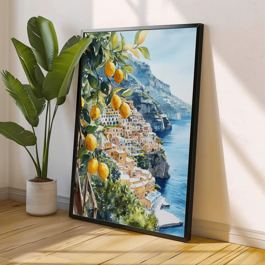 Aquarell Kunstdruck Positano Italien Landschaft Wanddekoration Amalfi Küste Mehrfarbig - Bild 2