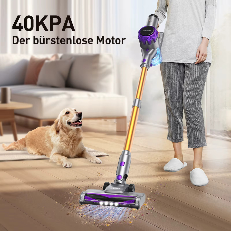 YISORA Akku-Staubsauger kabellos in Rot mit Touchscreen, 40 kPa Saugkraft und 55 Minuten Laufzeit, beutelloses System für Tierhaare und Teppiche - Bild 2