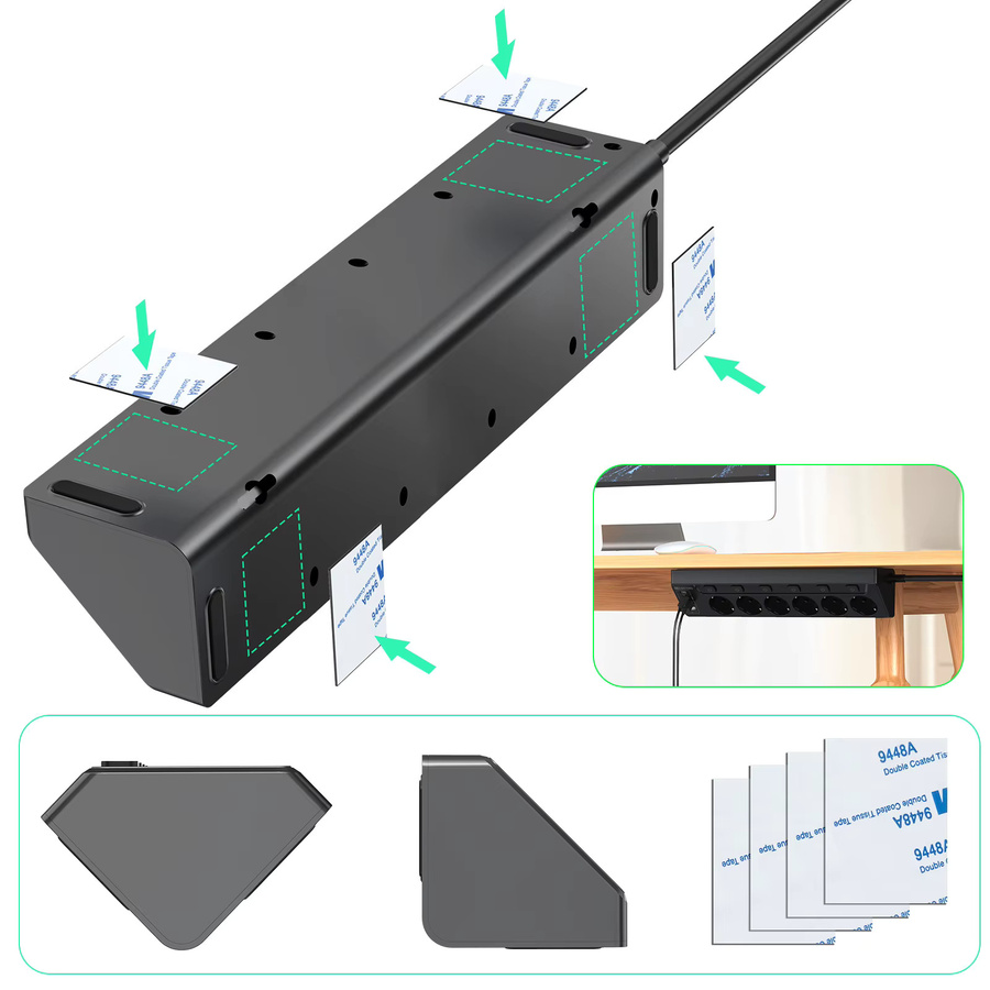 HITRENDS 6-Wege-Eck-Steckdosenleiste in Schwarz mit 2 USB-C Anschlüssen und 2 m Kabel - Bild 6