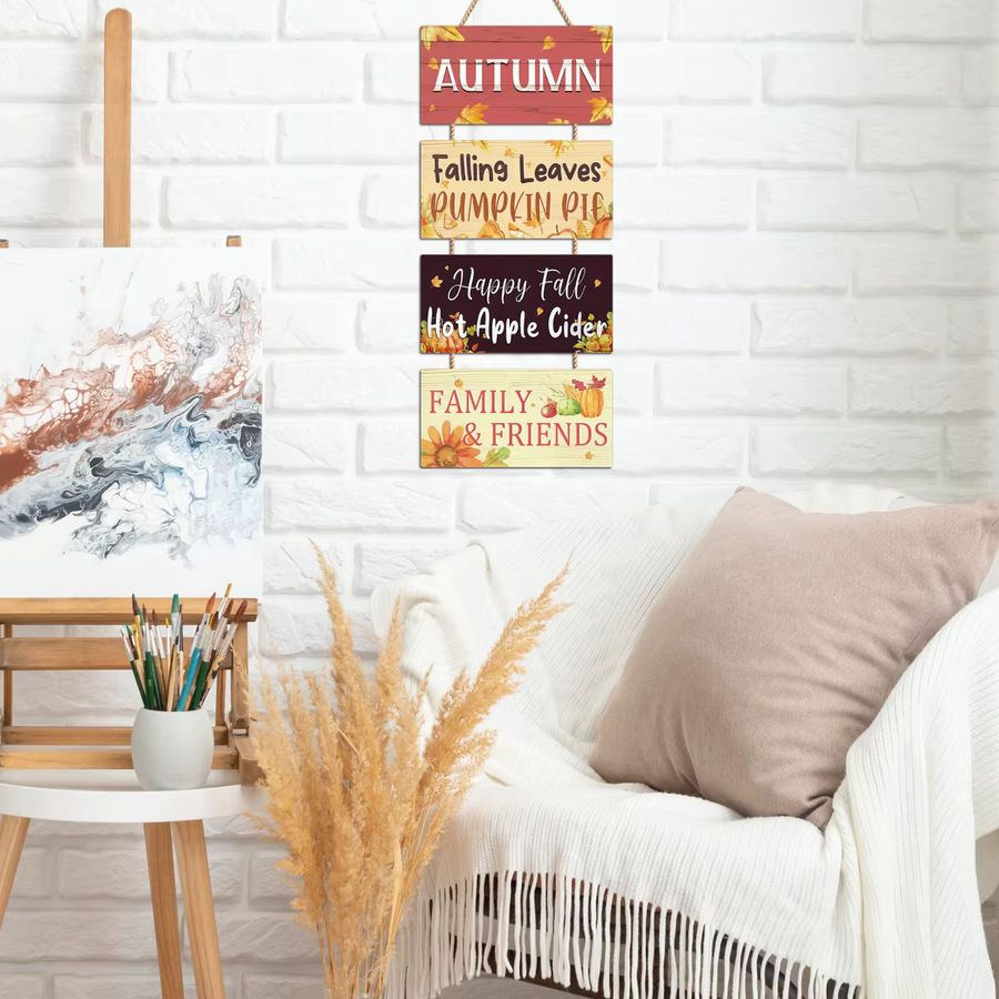 Putuo Decor Holzschild zum Aufhängen mit Herbstmotiven wie fallenden Blättern und Kürbiskuchen für deine Thanksgiving-Dekoration - Bild 3