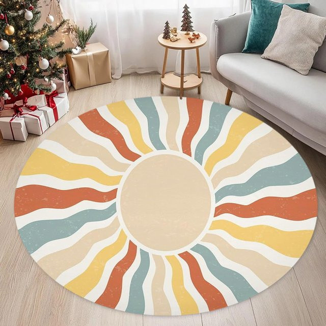 Runder Vintage Teppich mit Sonnenmuster in Gelb und Orange für dein Wohnzimmer oder Schlafzimmer - Bild 1