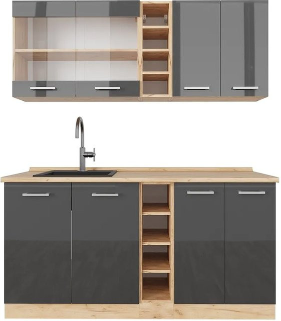 Vicco R-Line Singleküche in Anthrazit Hochglanz und Goldkraft Eiche, Breite: 160 cm - Bild 1