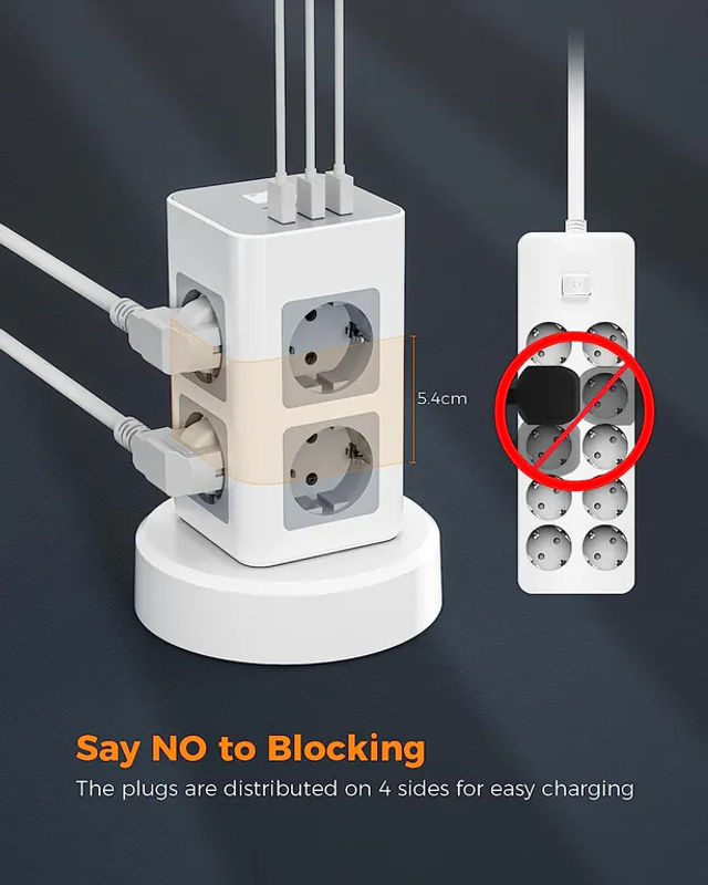 TESSAN Tower 8-Wege-Steckdosenleiste mit Überspannungsschutz, vertikale Mehrfachsteckdose in Grau mit 2 m Kabel, 8 Steckplätze, 2 USB-A und 1 USB-C Anschlüssen - Bild 7