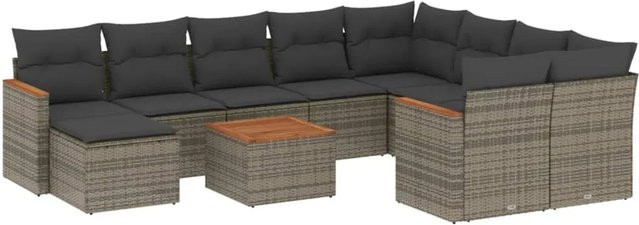 vidaXL 11-teilige Garten-Sofagarnitur aus Poly-Rattan und Akazienholz in Grau mit Kissen - Bild 1