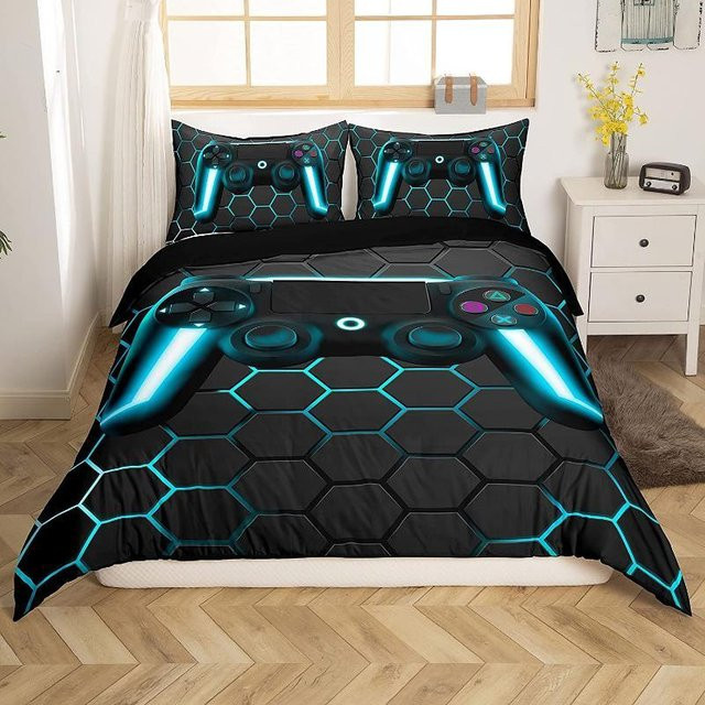 Gaming Bettwäscheset mit Wabenmuster und Gamepad-Motiv von Binchi Outdoor Product in Rot und Schwarz, B/H: 135 x 200 cm - Bild 1