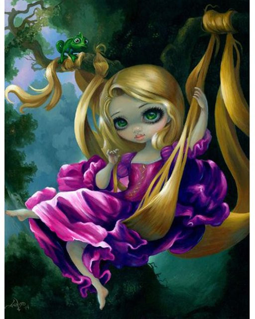 FIYO 5D DIY Diamantmalerei Rundes Cartoon Mädchen auf Schaukel Kreuzstich Stickerei in Grau und Multicolour, Durchmesser: 30 cm - Bild 1