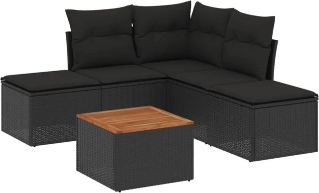 vidaXL 6-tlg Garten-Sofagarnitur aus Poly-Rattan und Akazienholz in Schwarz mit Kissen Modell 82 - Bild 1