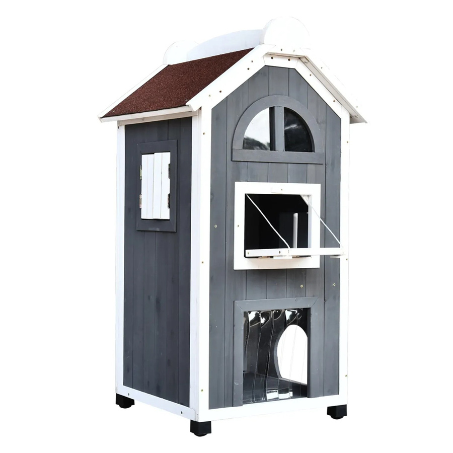 PawHut Katzenvilla aus Tannenholz in Grau mit wetterfestem Asphaltdach und Hängematte, B/T/H: 55 x 59 x 109 cm - Bild 2