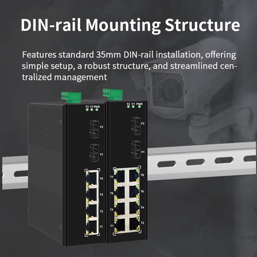 ONTi Gigabit Industriequalität SC-Port-Switch mit 6/10 Ports, 20 km Reichweite, IP30, 6 kV Lightning-Schutz, DC12–52 V, DIN-Schienenmontage, Schwarz - Bild 2